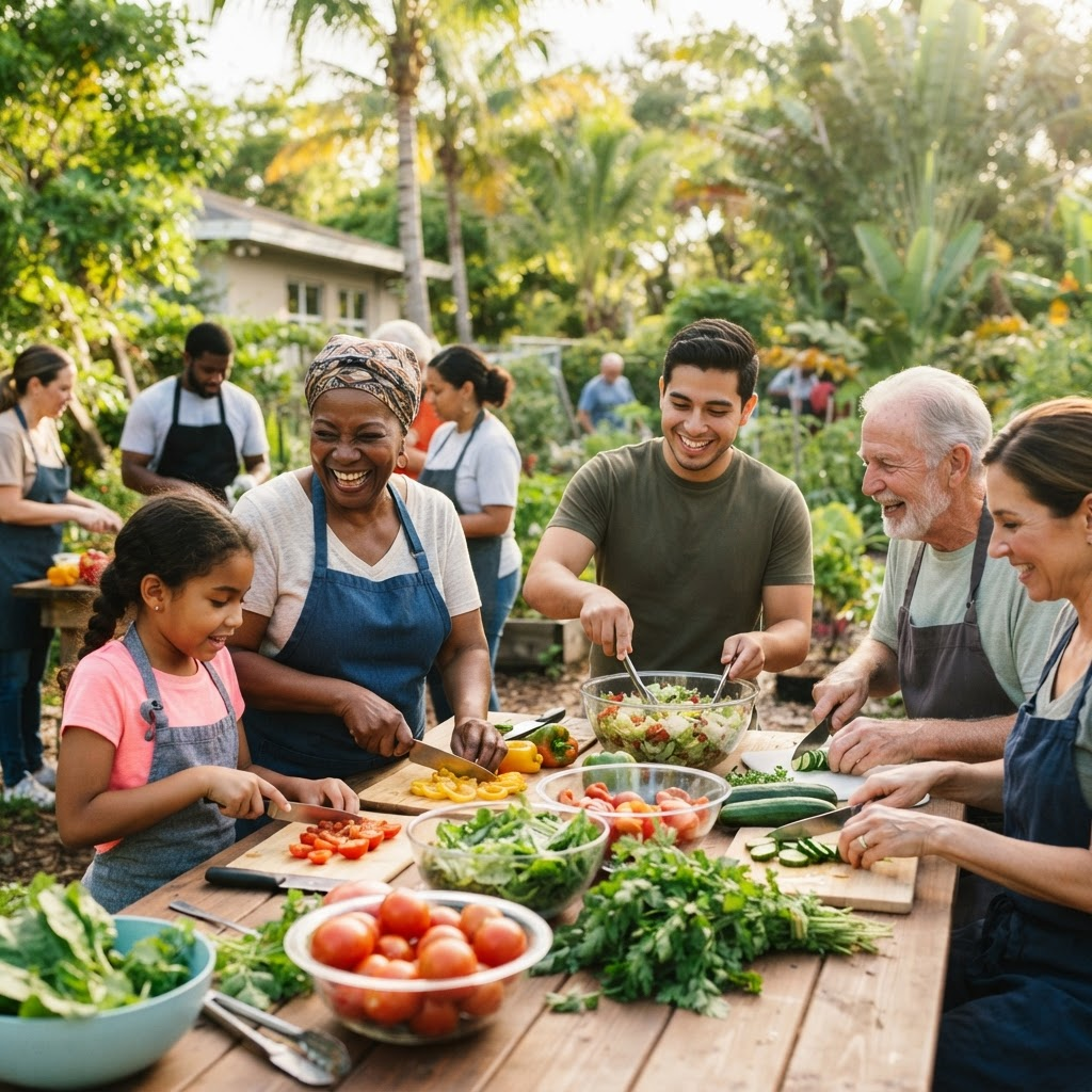 Community volunteers preparing food together