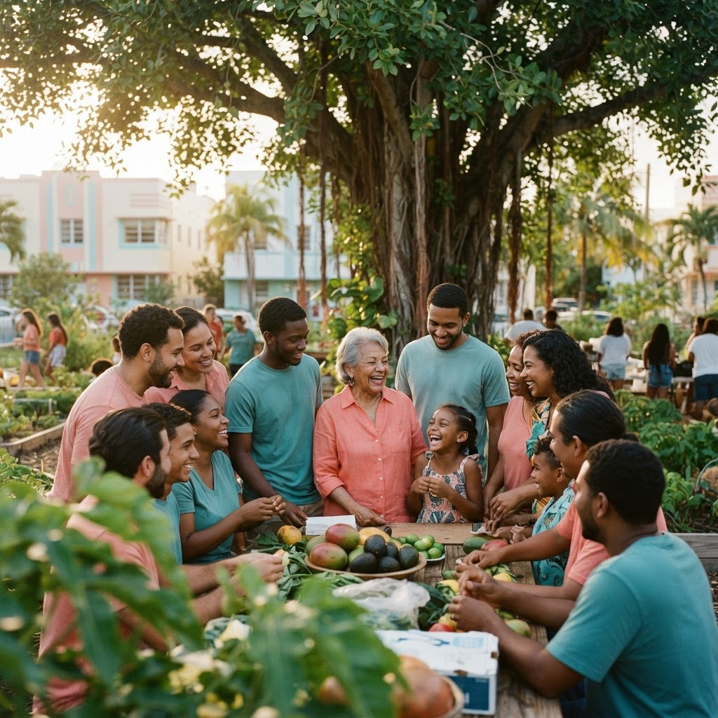 A multigenerational family and community volunteers gathered outdoors
